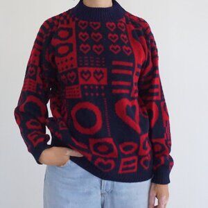 Vintage Private Eyes Navy Red Heart Geometric Knit Collegiate Heart Sweater M